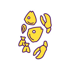 Seafood waste RGB color icon. Head, tails, crustacean shells, scales, squid feathers. Aquaculture. Leftover fish fillets and shellfish. Increased seafood consumption. Isolated vector illustration