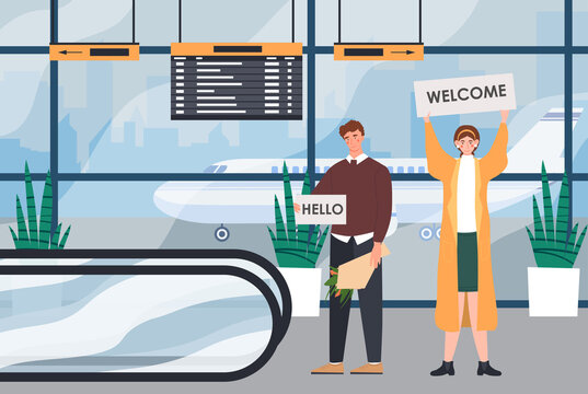 Male and female characters are waiting for someone in the airport hall. Man and woman greet someone with broadsheets. Hello and welcome broadsheets. Flat cartoon vector illustration