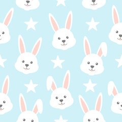 Seamlles pattern with bunny head and star. Cute rabbit character blue backround. Vector kids illustration
