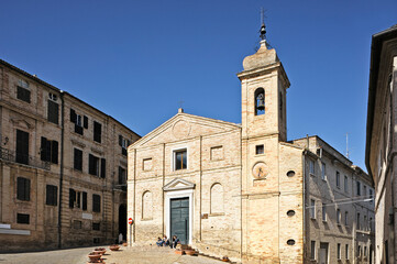 Fototapeta na wymiar Recanati, Piazza del Sabato del Villaggio with Palazzo Leopardi and church of Santa Maria di Montemorello, Marche, Italy, Europe