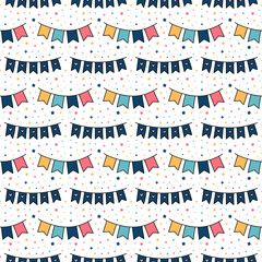 Obraz premium Vector Cartoon Bunting Seamless Pattern. Festival Flag Garlands and star confetti. Birthday, Christmas Holiday Party Decoration. Background for design scrapbooking, wrapping paper, card, textile