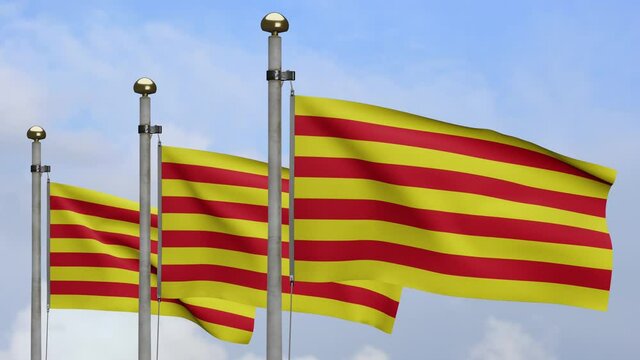 Catalonia independent flag waving in wind with blue sky cloud. Catalan banner blowing soft silk. Cloth fabric texture ensign background. Use for national day and country occasions concept-Dan