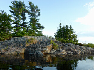 Pine trees on granite island in Georgian Bay Ontario Canada