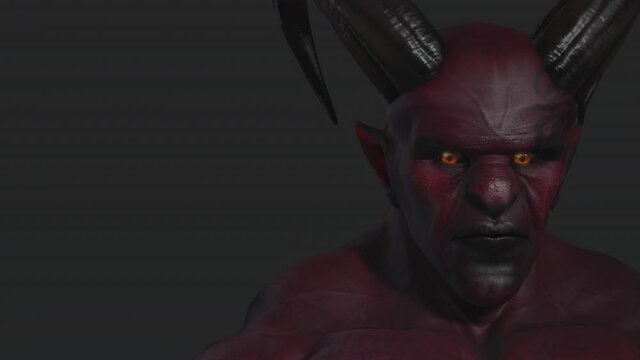 Red demon, devil, imp, monster with twisted horns and muscle hillocks. Close-up. Face expression. Part 2 from 6. Alpha channel only in 4k .mov version
