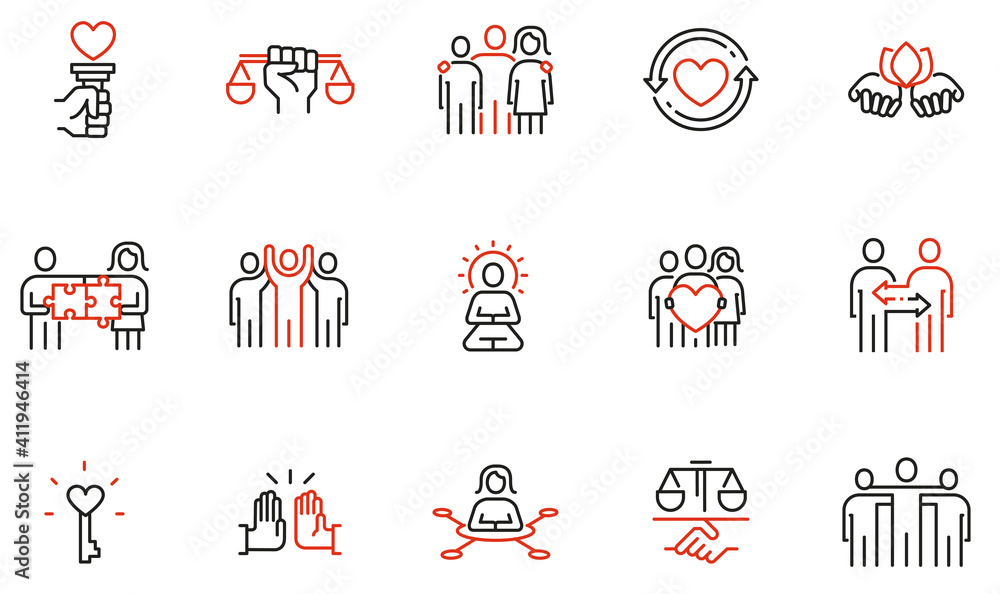 Poster vector set of linear icons related to harmony to relationships, interaction, joint development and e