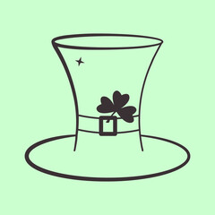 Hat with Clover leaf icon for St Patrick Day festival celebration. Grey strokes illustration of traditional Irish symbols. Green background is easy to change