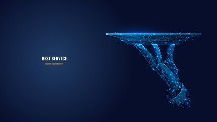  Digital 3d hand holding plate. Abstract vector waiter carrying dish in dark blue background. Best service in restaurant or hotel concept. Low poly mesh wireframe with dots, lines, stars and shapes 