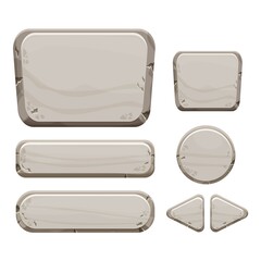 Stone buttons collection, set of rock assets in cartoon style isolated on white background. Mineral detailed objects ui game interface, app pannel.