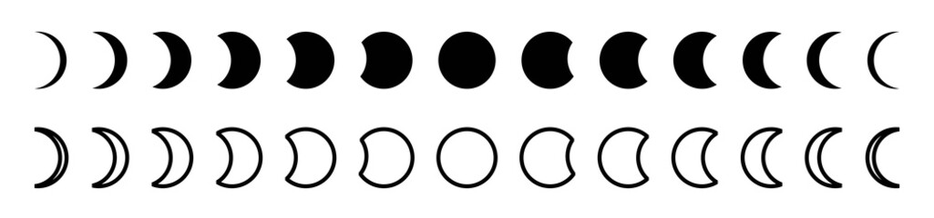 Moon phases astronomy night space and nature moon phases sphere shadow icon set
