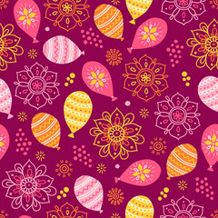 Holi seamless pattern with balloon, mandala, confetti, sparkle. Vector illustration