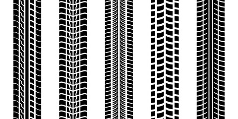 Tire trace track, wheels braking distances, tread silhouettes brushes, isolated car or motorcycles vector trails