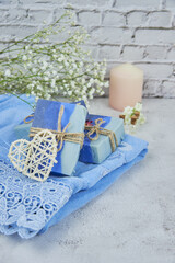 Bright organic aromatic handmade soap on a terry towel.
