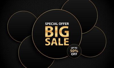 Sale banner background with luxury black golden circle.
