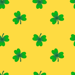 Seamless trefoil pattern for the St. Patricks Day holiday. Vector illustration. Green clover on a yellow background