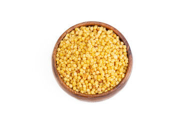 Israeli couscous pile (Ptitim) close up isolated on white background (Turkish name; kuskus)