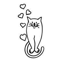 Stylized drawing of a cat in love. Cute vector illustration for valentine's day.