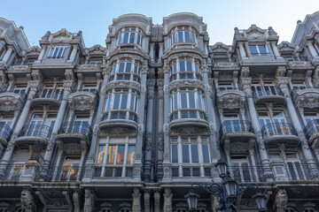 Oviedo, Spain - September 4, 2020: Las Casas del Cuitu are a modernist building located on Uría street in Oviedo, capital of Asturias.