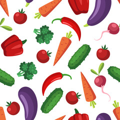 Vegetables seamless pattern. Eggplant, pepper, carrot, cucumber, tomato, radish, pepper and broccoli. White background.
