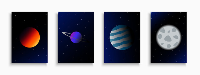 Collection of dark blue vector covers, templates, placards, brochures, banners, flyers and etc. Cosmic creative posters with planets. Copy space backgrounds