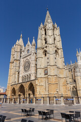 Fototapeta na wymiar Castilla Leon, Spain - September 5, 2020: The Gothic Cathedral of Leon. The Santa María de León Cathedral, also called The House of Light or the Pulchra Leonina.