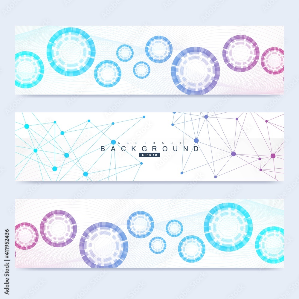 Poster scientific set of modern vector banners. dna molecule structure with connected lines and dots. scien