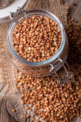 Background of dried buckwheat with whole large kernel / Diet concept / Close up