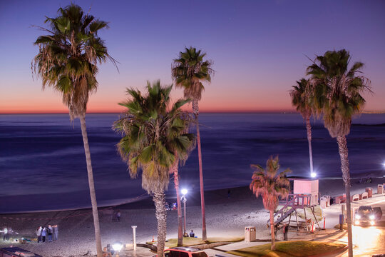 Sunset view of Aliso Beach in downtown Laguna Beach, California, USA.