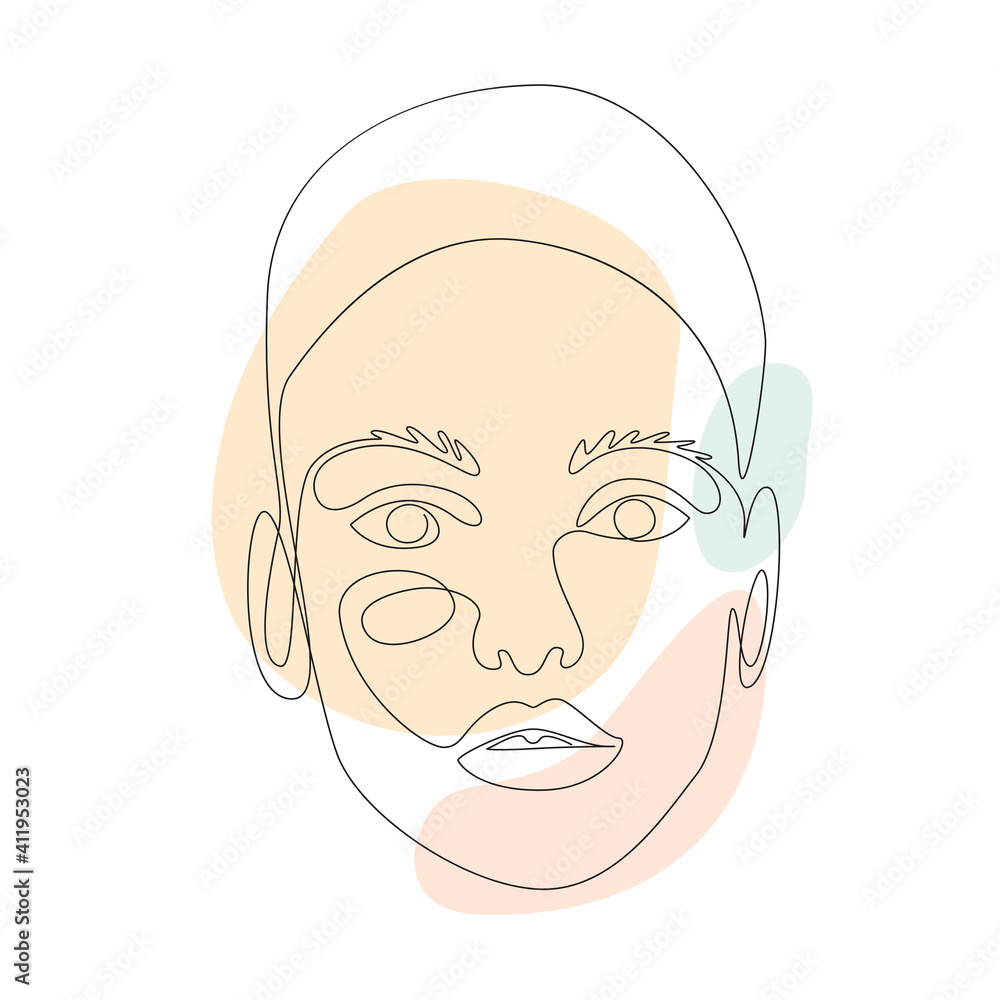 Poster Continuous line drawing of Portrait of a Beautiful Woman's faces with abstact shapes. Beauty Minimal style portrait. Vector illustration for t-shirt, slogan design print graphics style