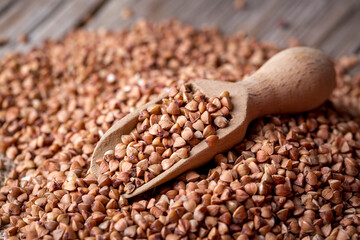 Background of dried buckwheat with whole large kernel / Diet concept / Close up