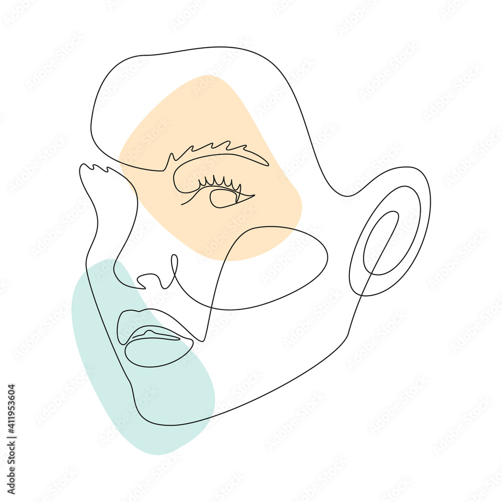 Poster Continuous line drawing of Portrait of a Beautiful Woman's faces with abstact shapes. Minimal style portrait. Vector illustration for t-shirt, slogan design print graphics style