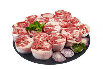 Raw chopped lamb meat isolated on white