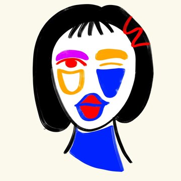 recommend clip art: Hand drawn abstract  woman portrait in minimalistic graphic style. Female beauty face with yellow, blue, red and black colors isolated on white background. 