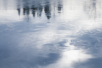 Frozen lake shiny, thin blue ice surface