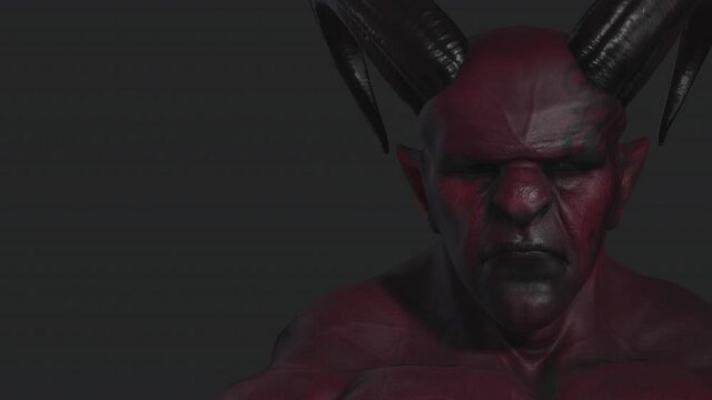Red demon, devil, imp, monster with twisted horns and muscle hillocks. Close-up. Face expression. Part 3 from 6. Alpha channel only in 4k .mov version