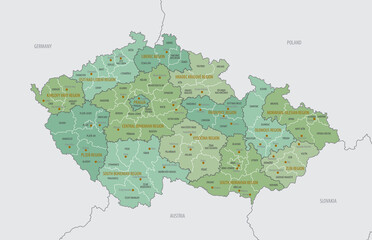 Detailed map of the Czech Republic with administrative divisions into regions (kraj) and districts, capital, large and regional cities of the country, vector Illustration on a white background