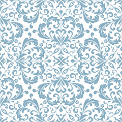 Fototapeta na wymiar Wallpaper in the style of Baroque. Seamless vector background. White and blue floral ornament. Graphic pattern for fabric, wallpaper, packaging. Ornate Damask flower ornament