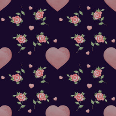 Seamless patterns. Floral pattern - Roses and hearts on a black background. Watercolor. Romantic pattern for valentine, print, packaging, decor, wallpaper and design