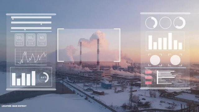 Technology Smart City and Industrial zone with factory pollution, smokestack exhaust gases with digital smart display, motion design infographics. Plant pipes pollute atmosphere.