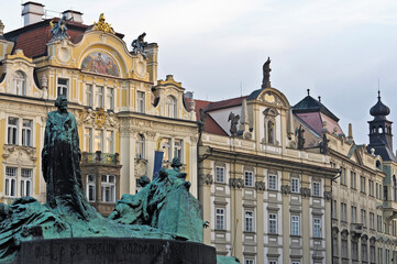 Fototapeta na wymiar Square of the old statue of Jan Hus city, Prague, Czech Republic, Central Bohemia, Europe,
