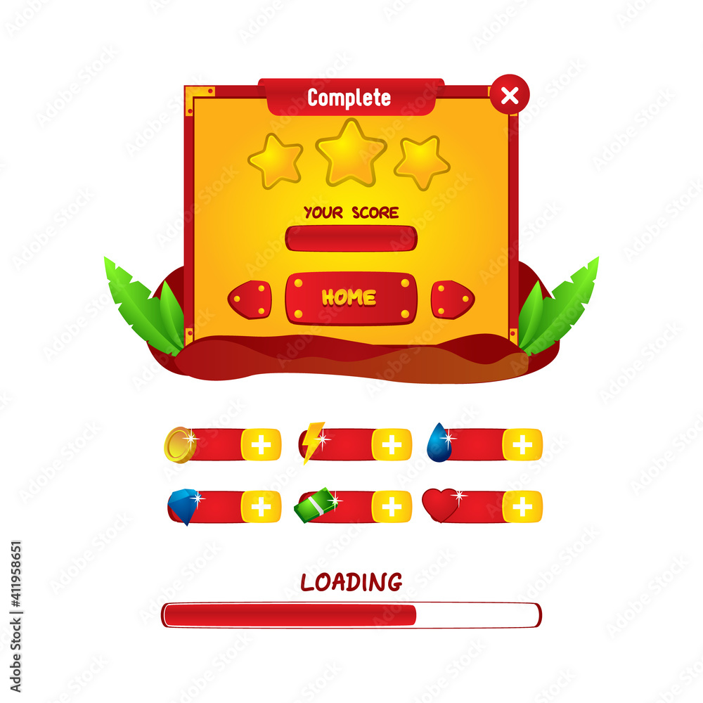 Poster game assets with level complete menu design vector