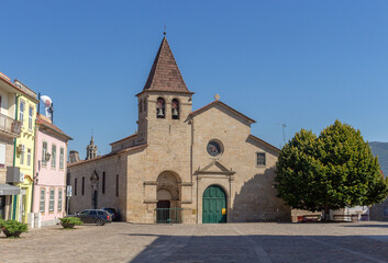 Fototapeta na wymiar Chaves, Portugal, September 6, 2020: The historic Church of Santa Maria Maior (the Igreja Matriz or Parish Church) is located in the center of Chaves, close to the Town Hall. 