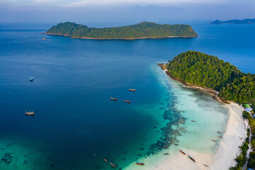 Obraz premium Aerial drone view of a small tropical island in the Mergui Archipelago, Myanmar (Swinton Island)