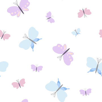 Fancy pastel-colored butterflies seamless pattern, vector illustration simple flat style, symbol of spring, Easter holidays celebration decor, clipart for cards, banner, springtime decoration