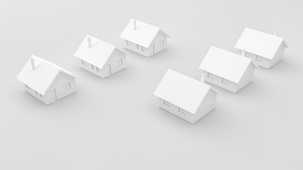 Render 3D abstract visualization with houses in a row,  street development, for real estate offer, central concentration, idea, living, abstract background, clay white color, unique idea, sale