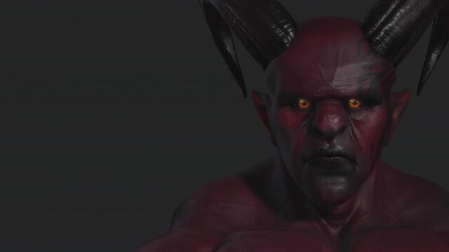 Red demon, devil, imp, monster with twisted horns and muscle hillocks. Close-up. Face expression. Part 4 from 6. Alpha channel only in 4k .mov version