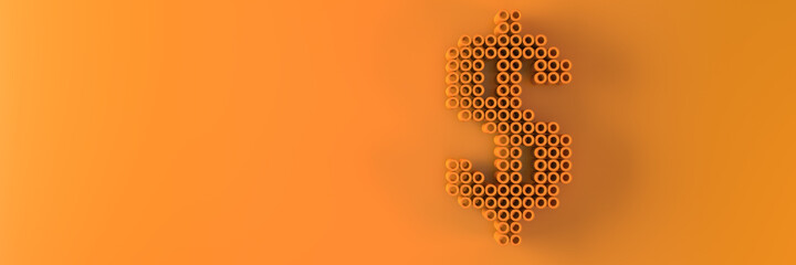 The symbol of the American currency made of small cylinders on an orange background. 3D visualization