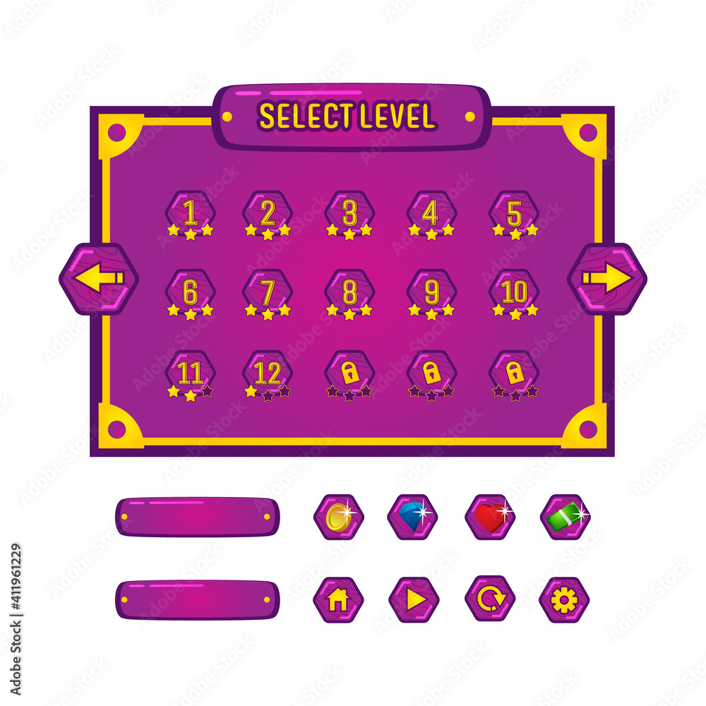 Poster Level selection and button game ui set design vector