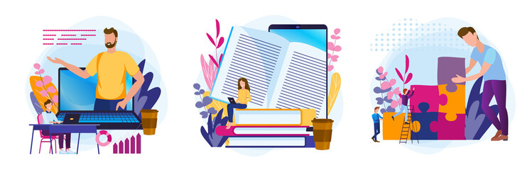 Educational web seminar, internet classes, professional personal teacher service icons set. Webinar, digital classroom, online teaching metaphors.