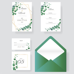 Eucalyptus wedding invitation cards template with watercolor herbs leaves decorative.
