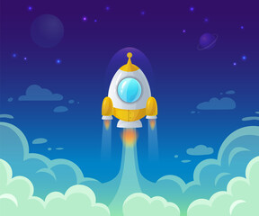 Rocket launch on space. Business start up idea. Spaceship flying in sky, Cosmos exploration and galaxy traveling. Cartoon space shuttle lifting off. New project or product vector illustration